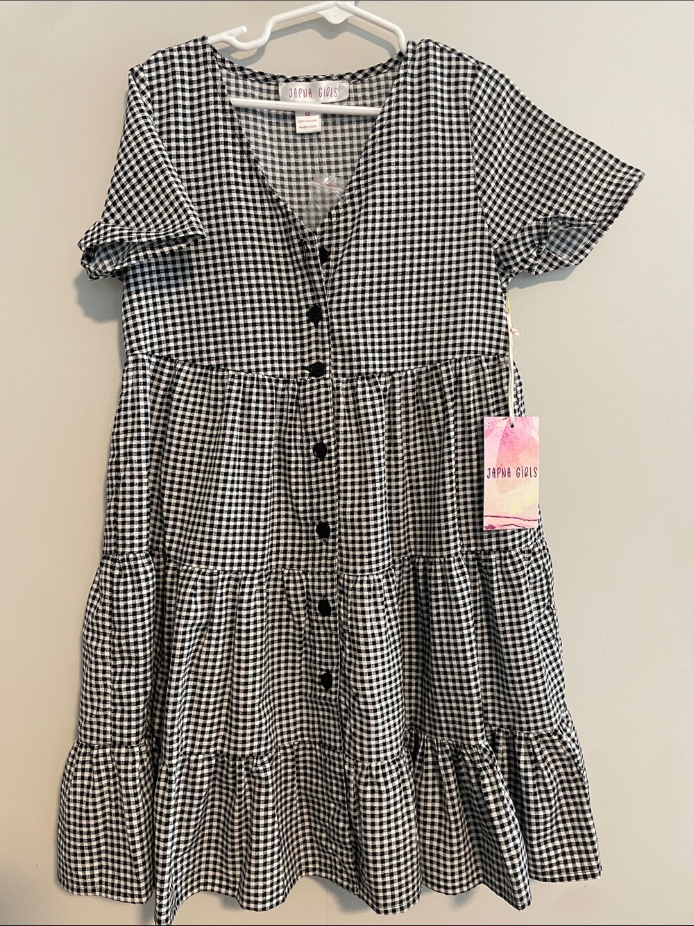 Japna Black and White Gingham Tiered Button-Front Dress